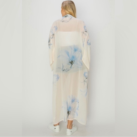 Multicolor Blue Floral Chiffon Sheer Kimono Cardigan - Picture 4 of 6
